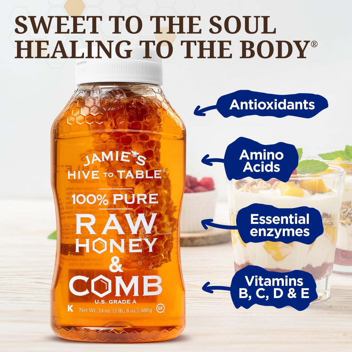 Jamies Hive To Table 100% Pure Honey With Honeycomb, 24 Oz - Usa Made Raw & Unfiltered Honey - Fresh Edible Honeycomb - All-Natu