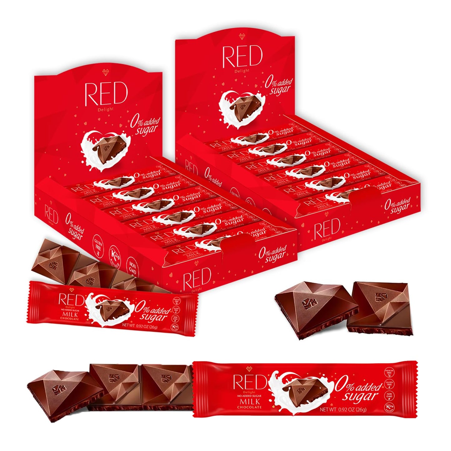 Red Delight Milk Chocolate Snack Bars - Pack Of 24 Diamond-Shaped Milk Chocolates (22.08Oz) With Rich Cocoa Flavor - European-Style Dark Chocolates - No Added Sugar Gluten-Free And Kosher Certified