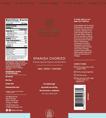 Salumi Chicago Spanish Chorizo Salami - Uncured, Gluten Free, Keto Snack - 5.3 oz.