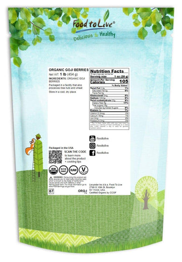 Food To Live Organic Goji Berries, 1 Pound - Sun Dried, Large And Juicy, Non-Gmo, Raw, Vegan, Sirtfood, Bulk