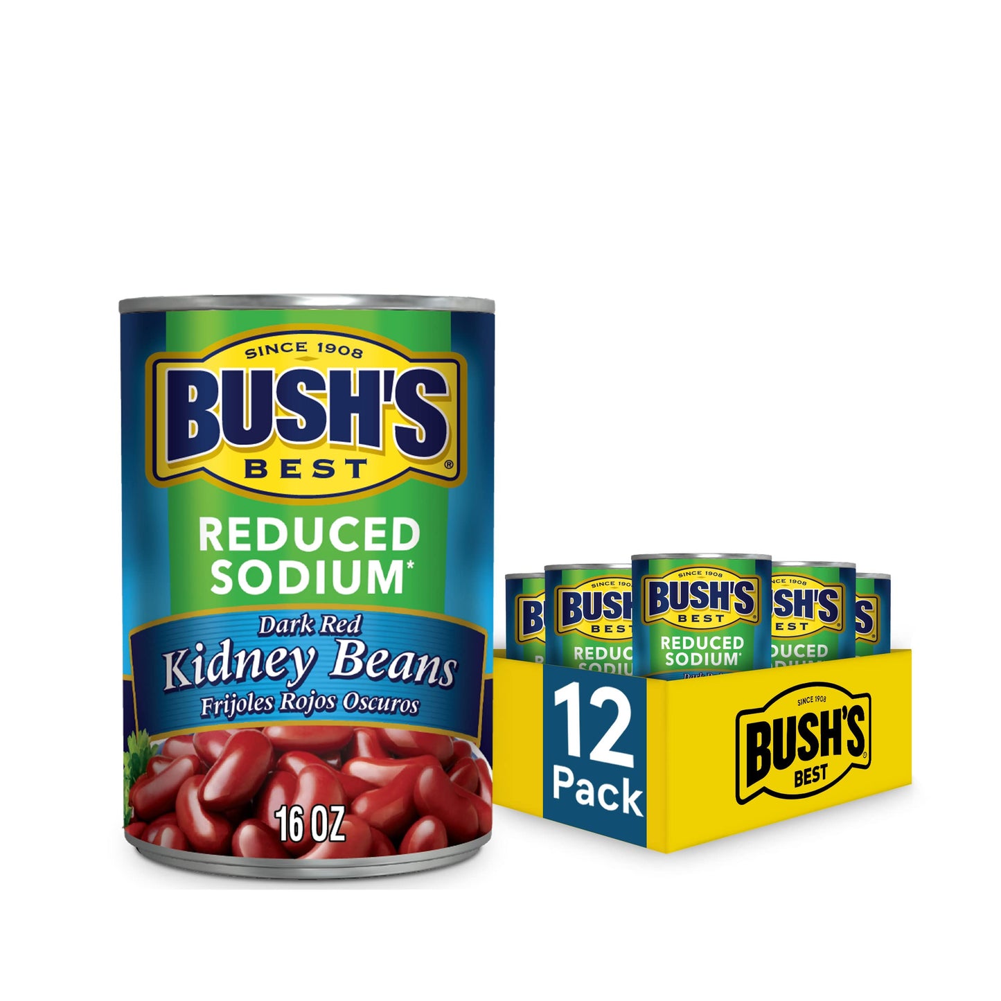 Bushs Best Reduced Sodium Dark Red Kidney Beans, 16 oz (12 cans)