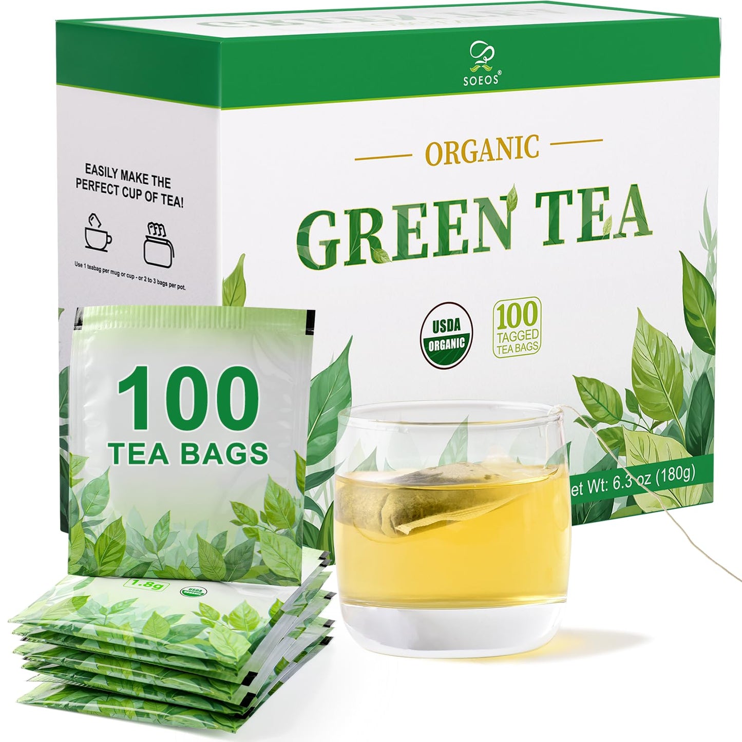 Soeos Organic Green Tea, 6.3 oz (180g), 100 Tea Bags, Refreshing and Fragrant, Sustainably Sourced, Ideal for Hot or Iced Tea, L