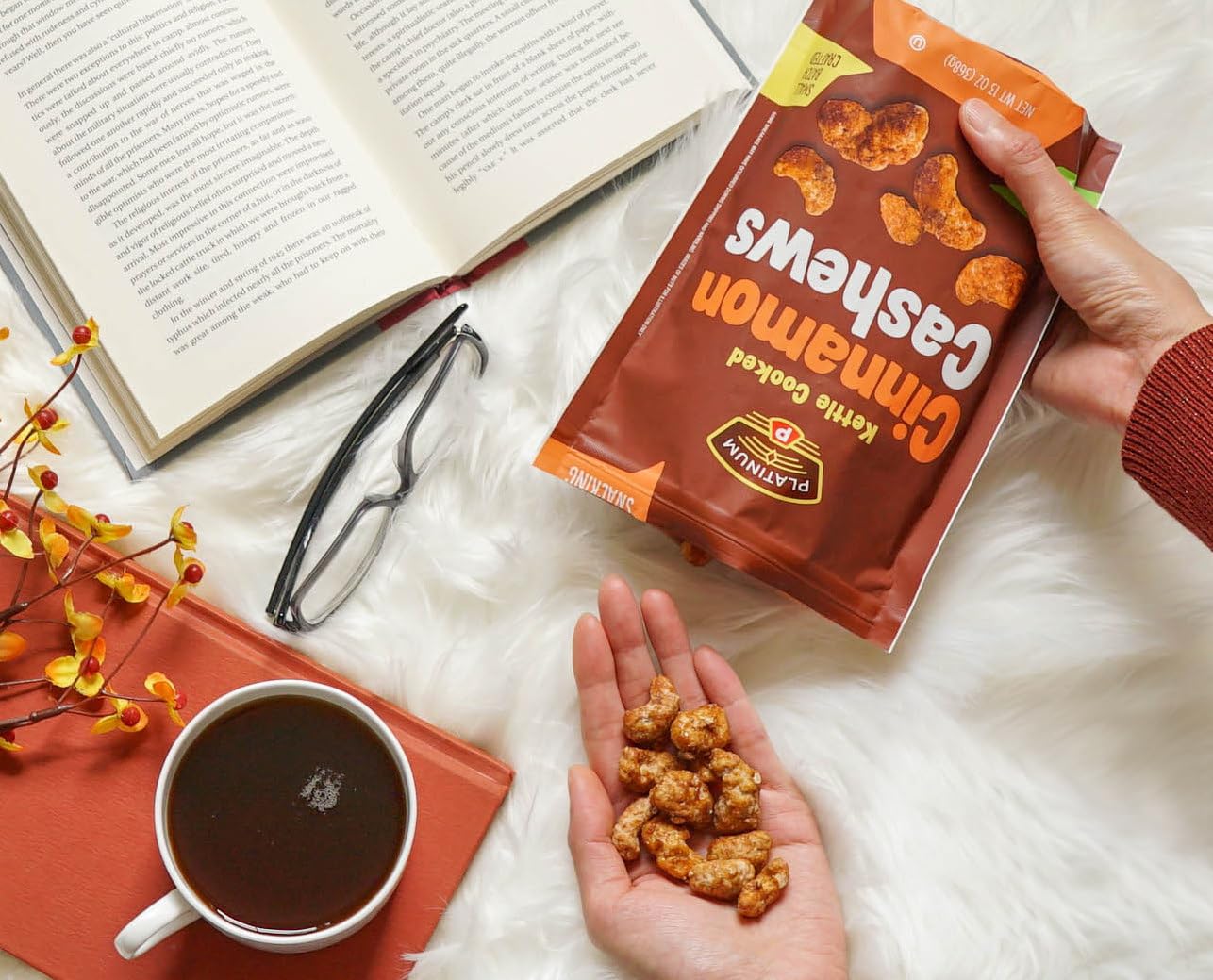 Platinum Kettle Cooked Cinnamon Cashews - Plant Based Protein - 13 oz Resealable Pouch