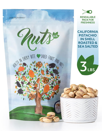 Nuts U.S. – California Pistachios | Roasted & Salted | No Wax, No Added Color Or Flavor | Non-Gmo And Natural | Premium Quality Pistachios In Resealable Bags!!! (3 Lbs)