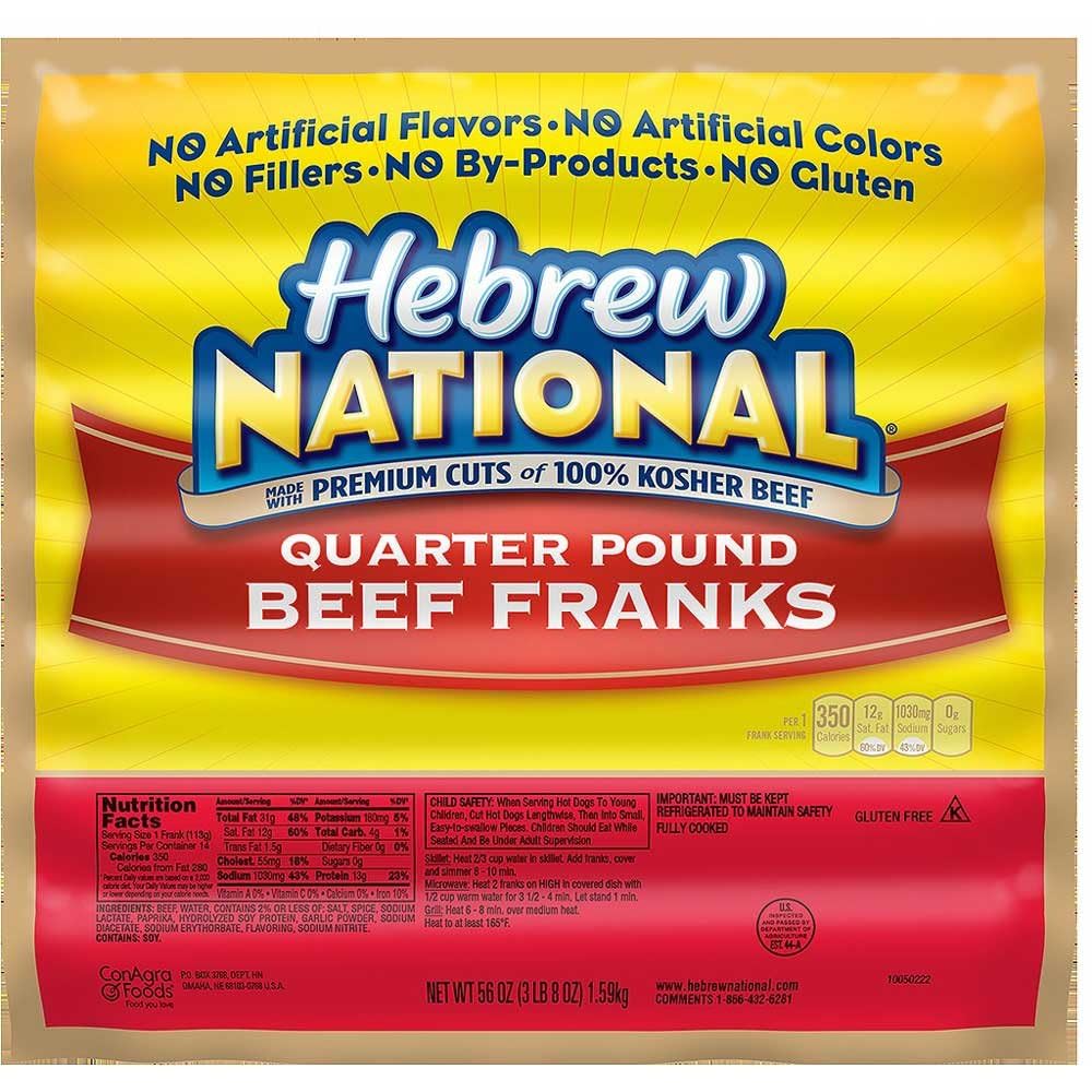 Hebrew National Quarter Pound Beef Franks Top-Grade Cuts%100 Kosher Beef- 3.5Lb