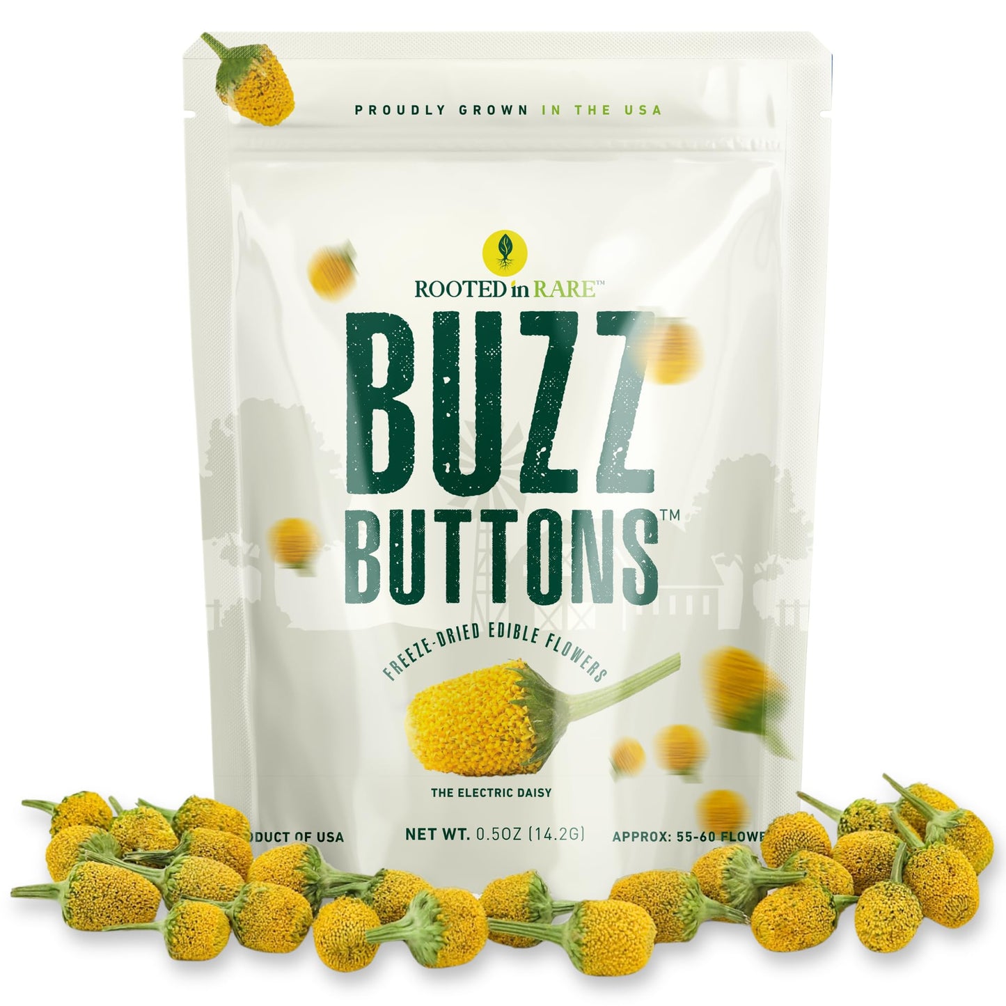 Buzz Buttons Edible Flowers For Mixed Flavors | Grown In Usa | Spilanthes | Freeze Dried Edible Flowers For Drinks | Szechuan Buttons | Edible Dried Flowers For Drink Garnish | .5Oz Pouch