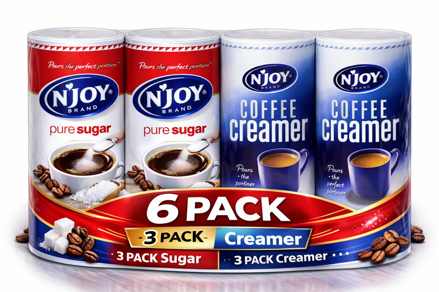 NJOY Pure Sugar and Coffee Creamer Combo, 6 Pack (3 Pack Sugar + 3 Pack Creamer)