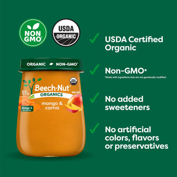 Beech-Nut Organic Baby Food Jars, Organic Mango & Carrot Baby Puree, Stage 2 For Babies 6 Months And Up, Non-Gmo, 4Oz Glass Baby Food Jars, 10Ct