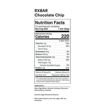 Rxbar Protein Bars, Protein Snack, Snack Bars, Chocolate Chip, 22Oz Box (12 Bars)