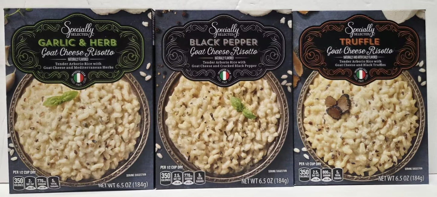 Specially Selected Goat Cheese Risotto Assorted Varieties: Garlic & Herb, Black Pepper, Truffle 6.5oz 184g (Three Boxes)