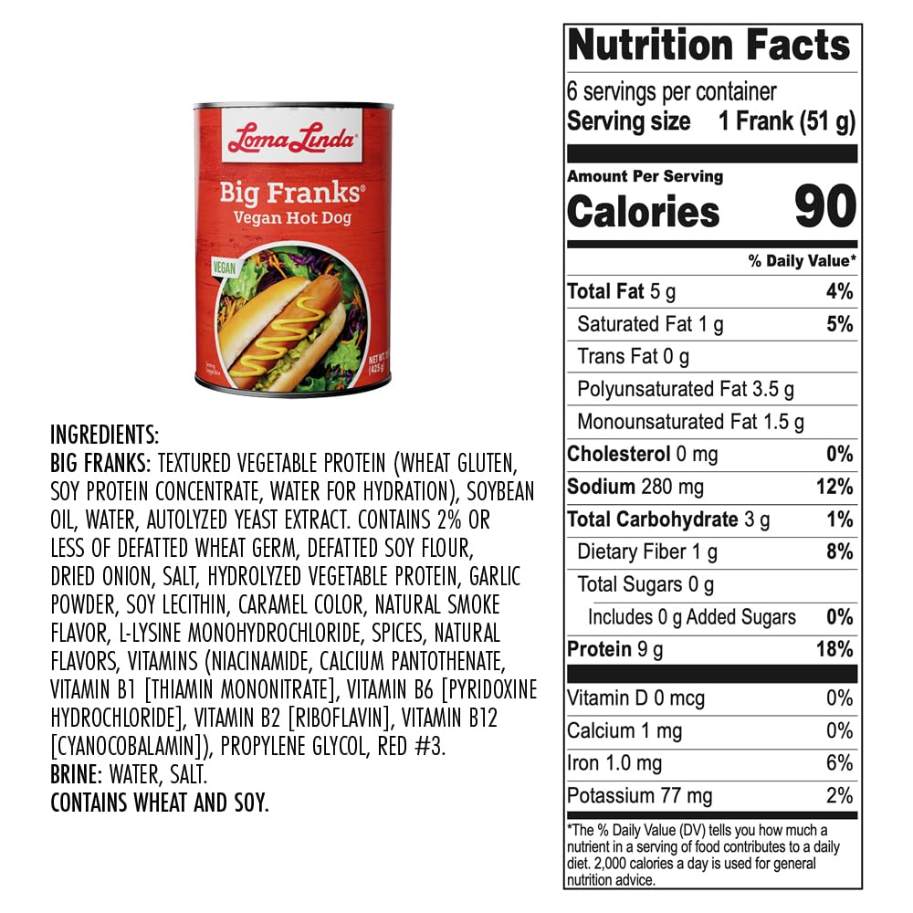 Loma Linda Big Franks Variety Pack - Plant-Based Vegan Franks - 15 oz Cans (Pack of 12) - Meatless Alternative for Cooking and Grilling