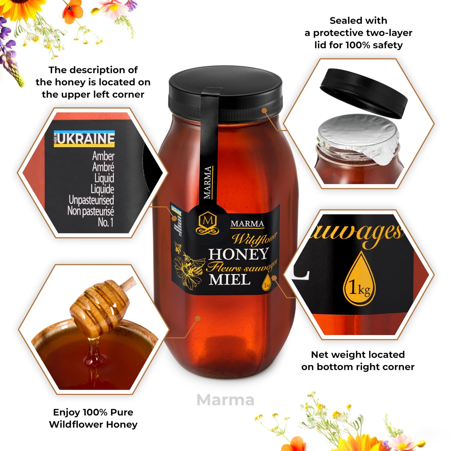 HONIGMA Marma Wildflower Honey | 100% Pure, Unfiltered | 1000g (35.2oz)