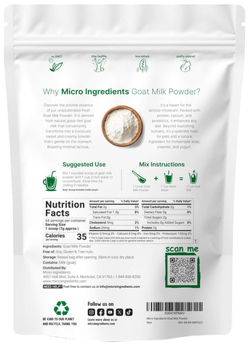 Micro Ingredients Goat Milk Powder 1 Lb | Grass-Fed Australian Source | Pure Easily Digested Formula | High in Protein Calcium & Probiotics | Non-GMO Gluten-Free Pet Friendly