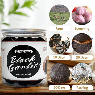 RioRand Black Garlic 454g / 1 Pound Whole Peeled Black Garlic Aged for Full 90 Days Black Garlic Jar Equal to 2lbs of Whole Blac