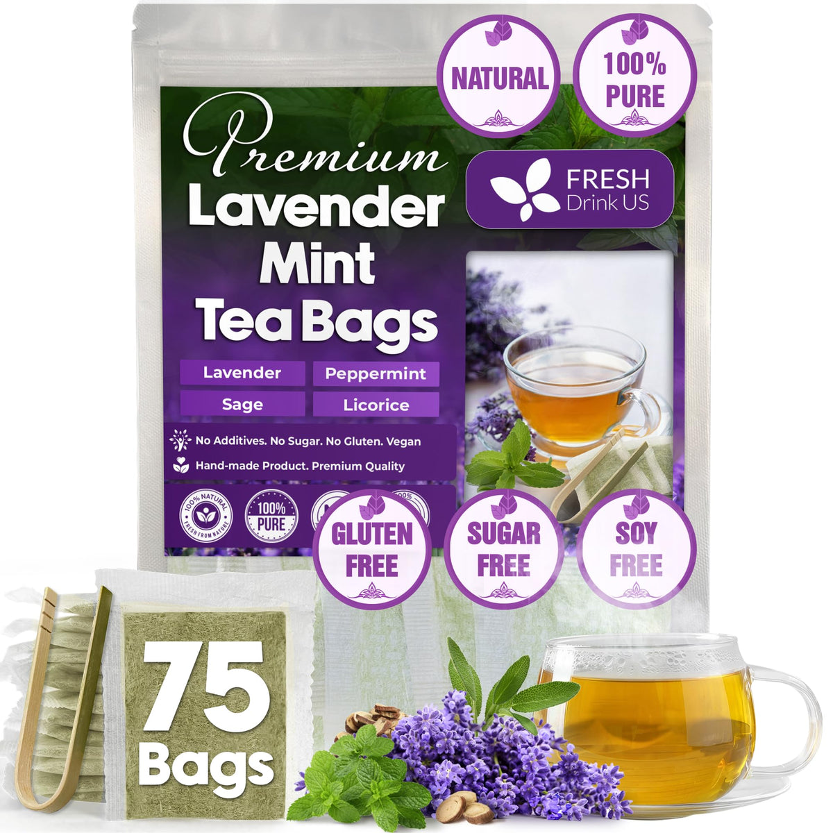 Freshdrinkus Top-Grade 75 Tea Bags Lavender Mint Tea 100% Natural Blend Of Lavender Peppermint Sage And Licorice. Made With Natural Material Tea Bags. No Sugar No Energy Blend Vegan.