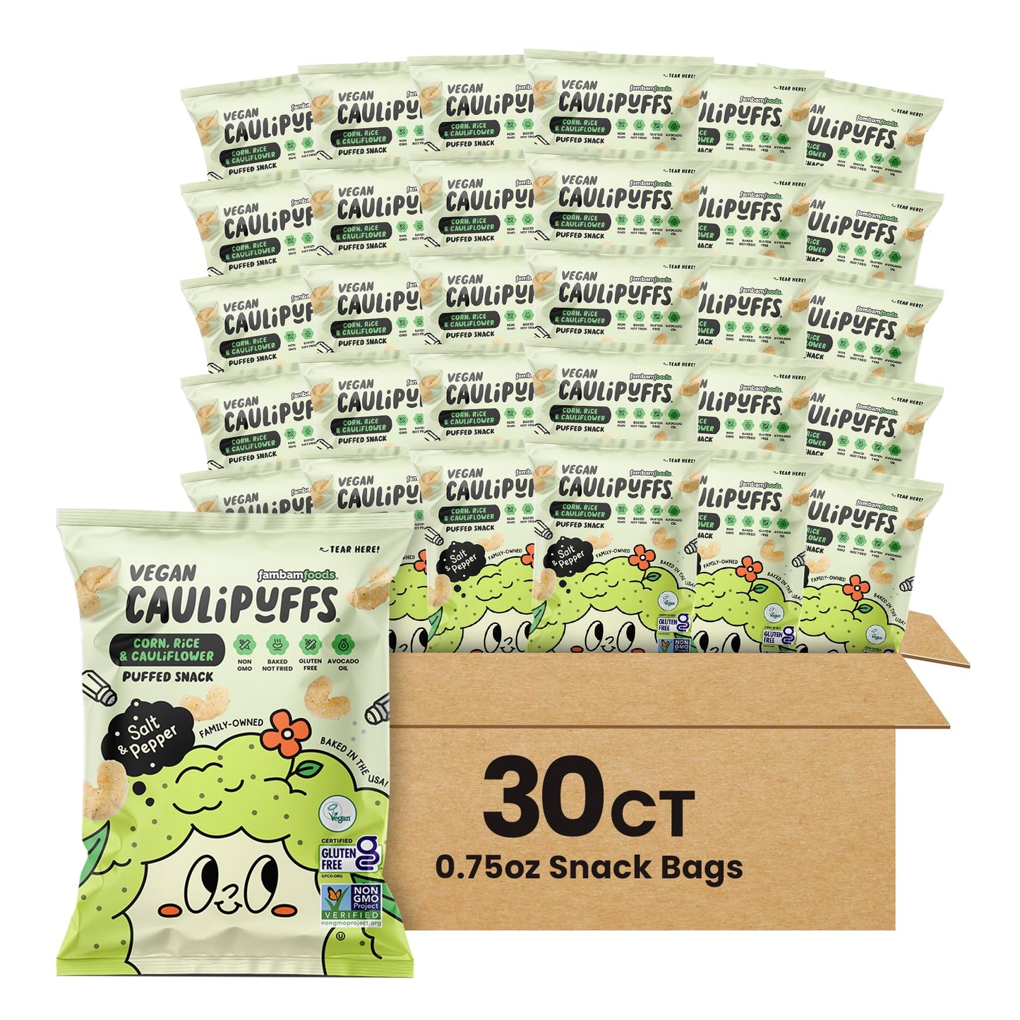 CauliPuffs - Corn, Rice, and Cauliflower Gluten Free Puffed Snack (30 x 0.75oz Bags, Vegan Salt & Pepper)
