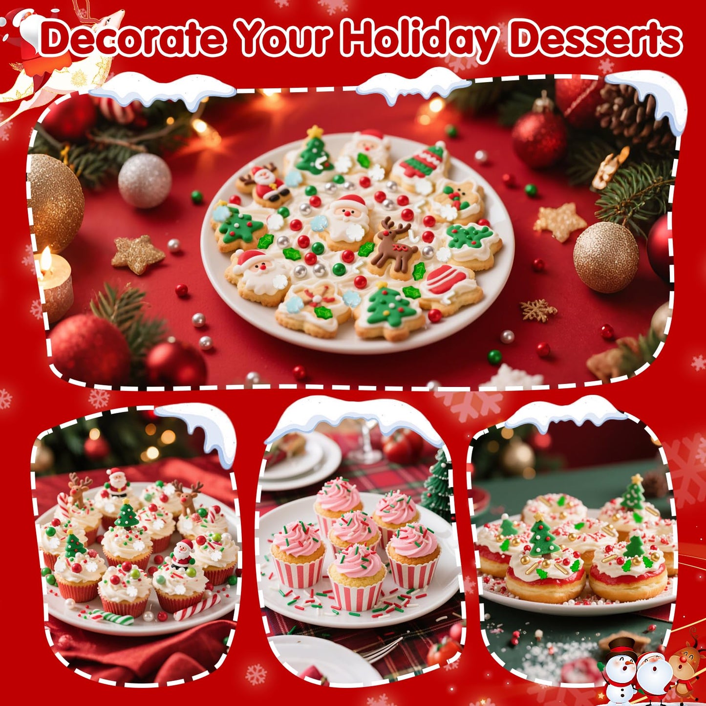 Edible Christmas Sprinkles for Cake Decorating,130gWhite and Blue Snowflake,White Candy Cane,Red Silver Pearls,Christmas Trees,S