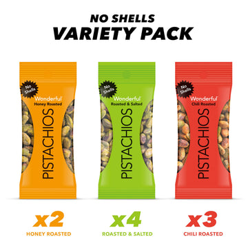 Wonderful Pistachios No Shells, 3 Flavors Mixed Variety Pack of 9 (0.75 Ounce), Roasted & Salted Nuts (4), Chili Roasted (3), Ho
