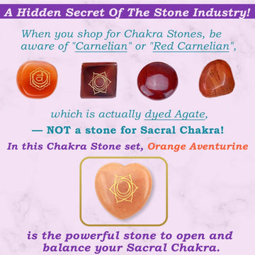 Naturewonders All Natural 7 Chakra Stone Set (Heart-Shaped) With Engraved Symbols (Gift Box, Information Brochure & Pouch) - Hea