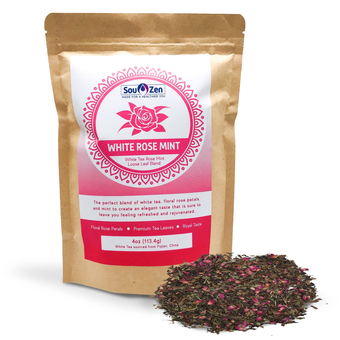 Sou Zen White Tea Rose Mint 4Oz (113G) Loose Leaf Tea | Top-Grade Quality Whole White Tea With Herbal Rose Petal Flowers And Mint Leaves With No Preservatives | Raw And Naturally Organic | Naturally Smooth And Floral Minty Tast