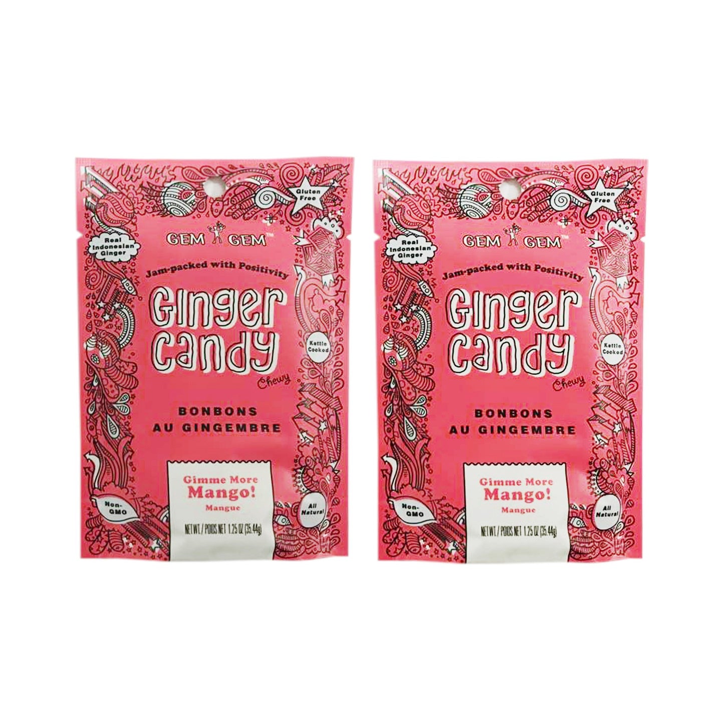 Gem Gem All Natural Chewy Ginger Candy 35.44g (Pack of 2) (Mango)