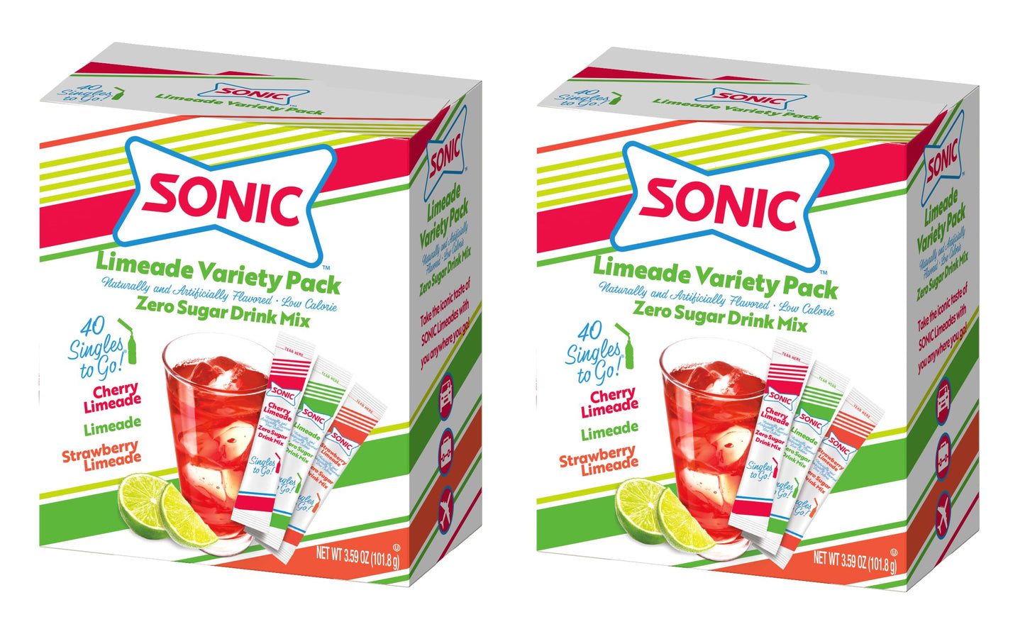 SINGLES TO GO! Sonic Limeade Variety Pack 40 ct Box Powdered Drink Mix, 3 Delicious Flavors Cherry Limeade and Strawberry Limead
