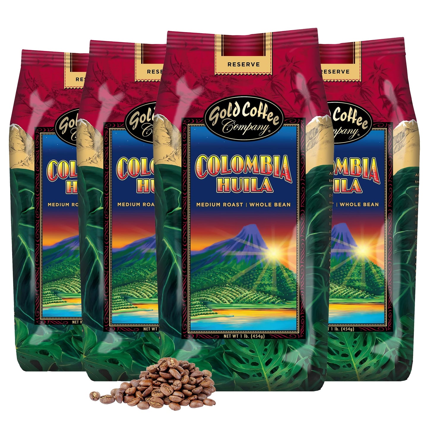 Gold Coffee | Top-Grade Colombia Huila Medium Roast Whole Bean | 100% Colombian Coffee 1 Lb. (Pack Of 4)