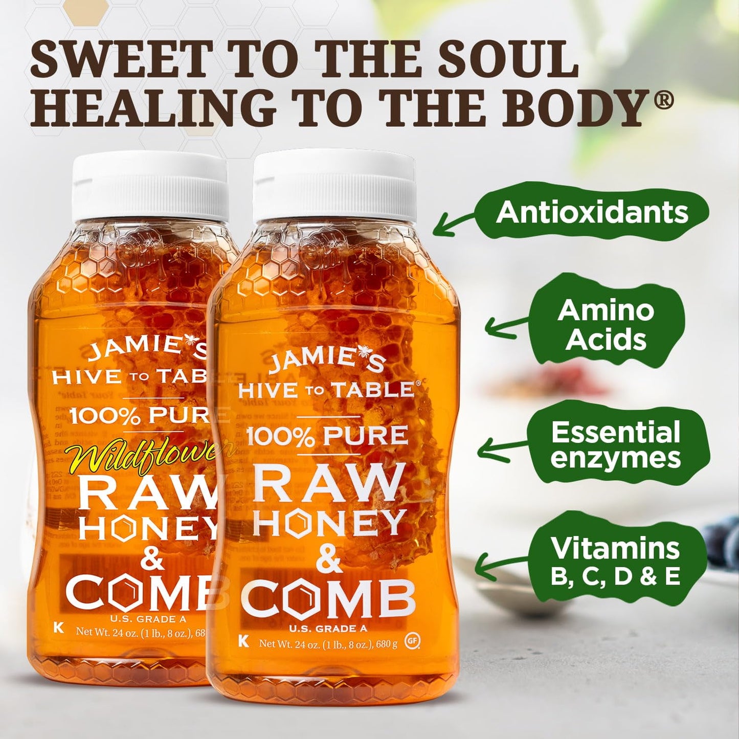 JAMIES HIVE TO TABLE Raw Unfiltered Honey & Honeycomb - 24oz Squeeze Bottle, 2 Pack