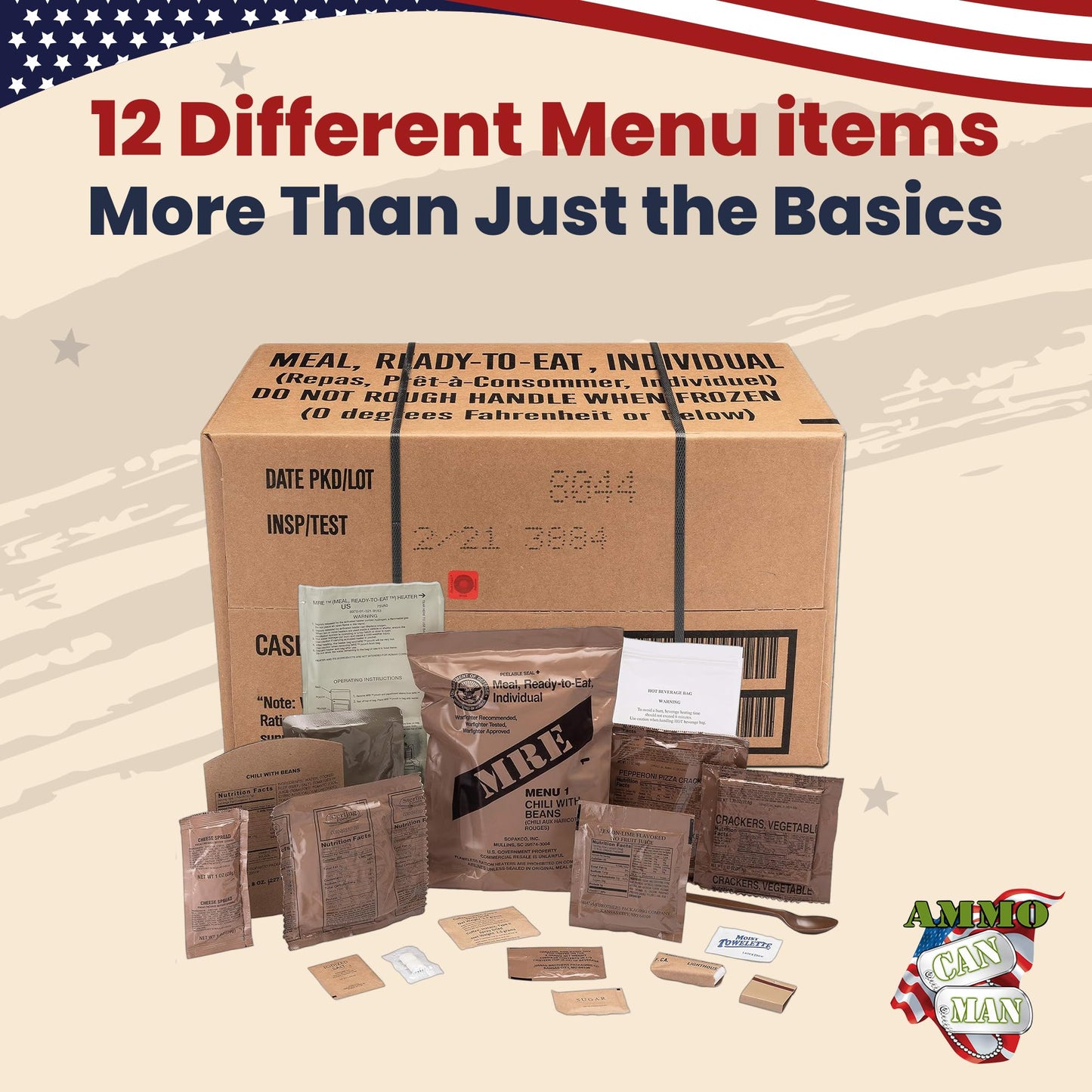 Ammo Can Man Sopakco MRE Meals - 12ct US Military Surplus Ready to Eat, Menu 1-12, 2026 Inspect