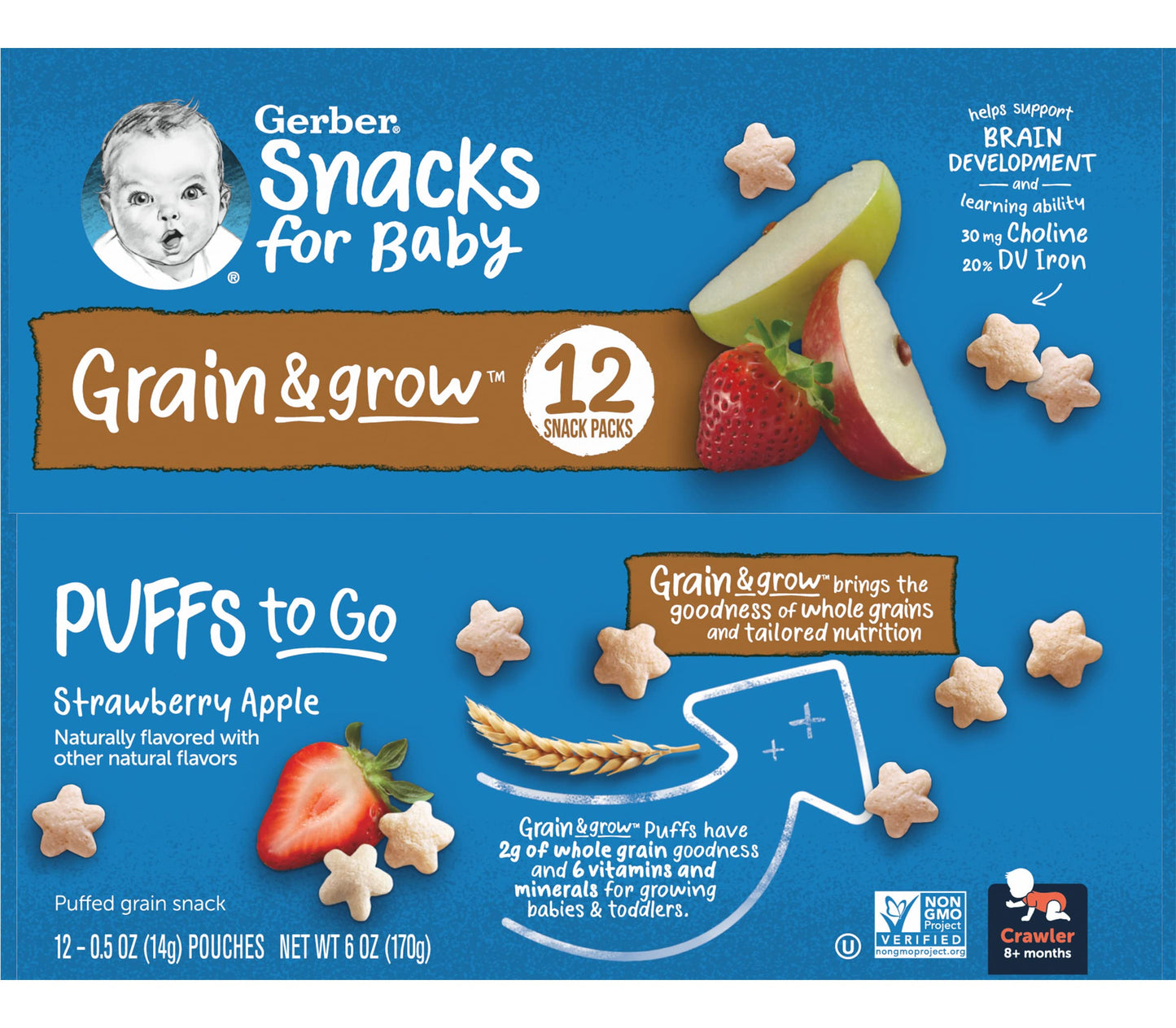 Gerber Snacks for Baby Grain & Grow Puffs To Go, Strawberry Apple, Non-GMO Puffed Grain Baby Snack for Crawlers, Pack of 1 Box