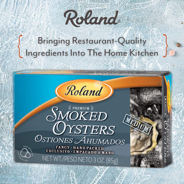 Roland Foods Premium Naturally Smoked Medium Oysters in Oil, 3 Ounce, Wild Caught, Pack of 1, Brown