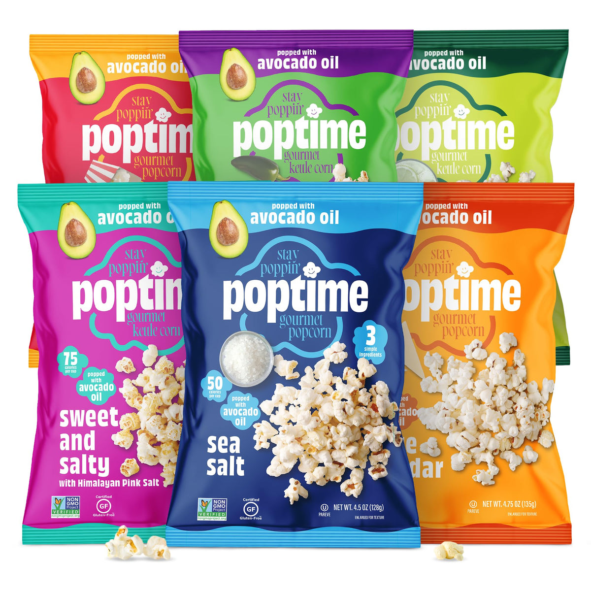 Poptime Popcorn Variety Pack, 6 Snack Bags, Assorted Flavors Sweet & Salty, Butter, White Cheddar, Sweet Spicy Jalapeo, Sea Salt