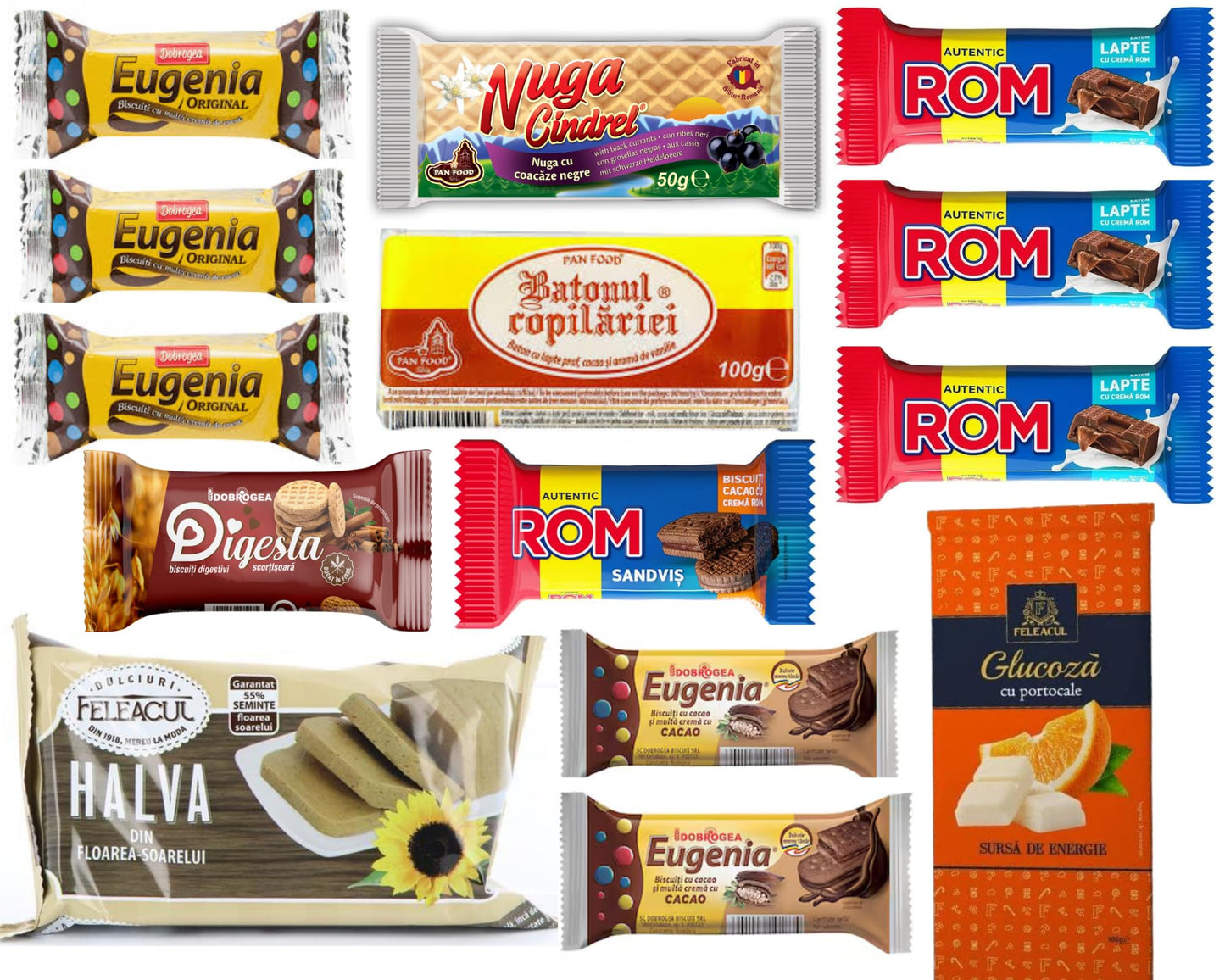 Romanian Sweet Snacks Variety Pack| Eugenia Original Biscuit, Nougat, Ciocolata de Casa, ROM Milk Chocolate Bars, Eugenia w/Caca
