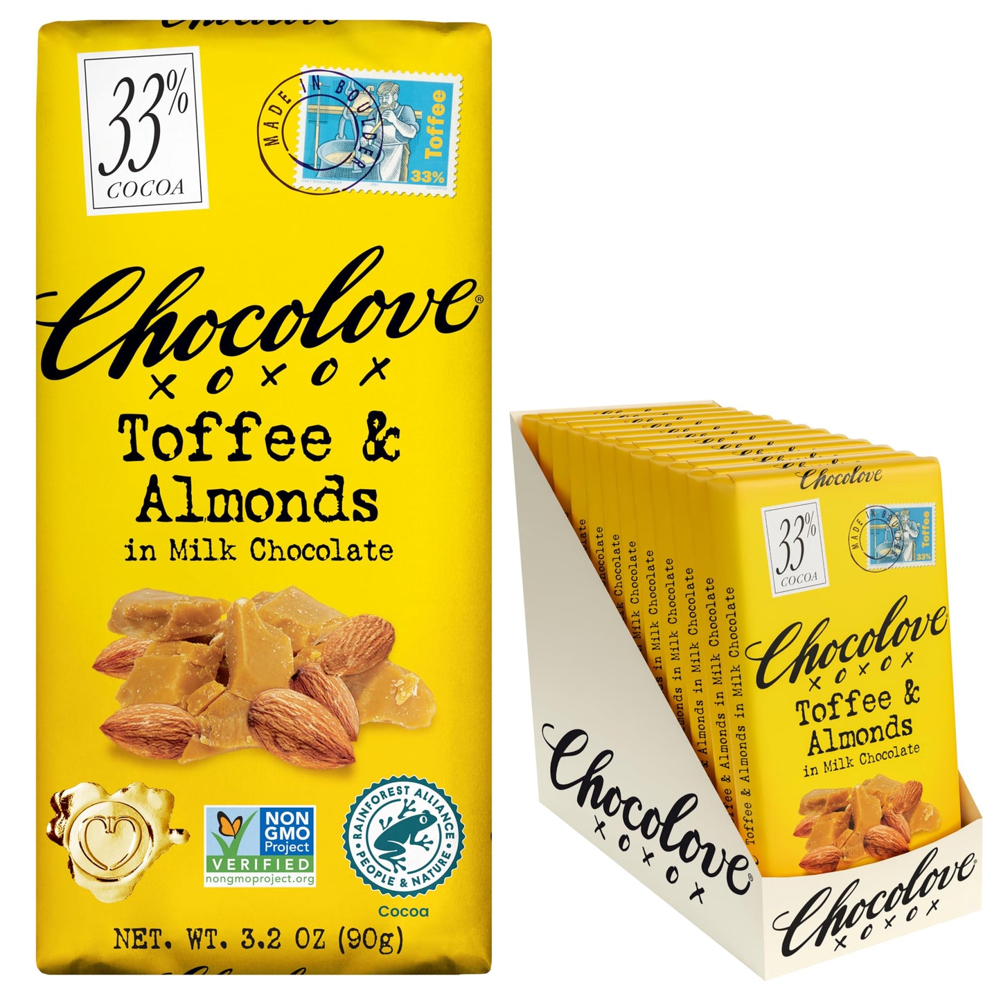 Chocolove Toffee & Almond Milk Chocolate Bars | 33% Cocoa | Made with Creamy Belgian Chocolate | Sustainably Sourced, Non-GMO, &
