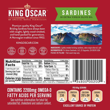 King Oscar Sardines in Extra Virgin Olive Oil, 3.75 oz Cans, Pack of 12, Model 3480060002