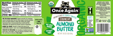 Once Again Organic Crunchy Almond Butter, 16Oz - Lightly Toasted - Salt Free, Unsweetened - Usda Organic, Gluten Free Certified, Peanut Free, Vegan, Kosher, Paleo - Glass Jar (2 Pack)