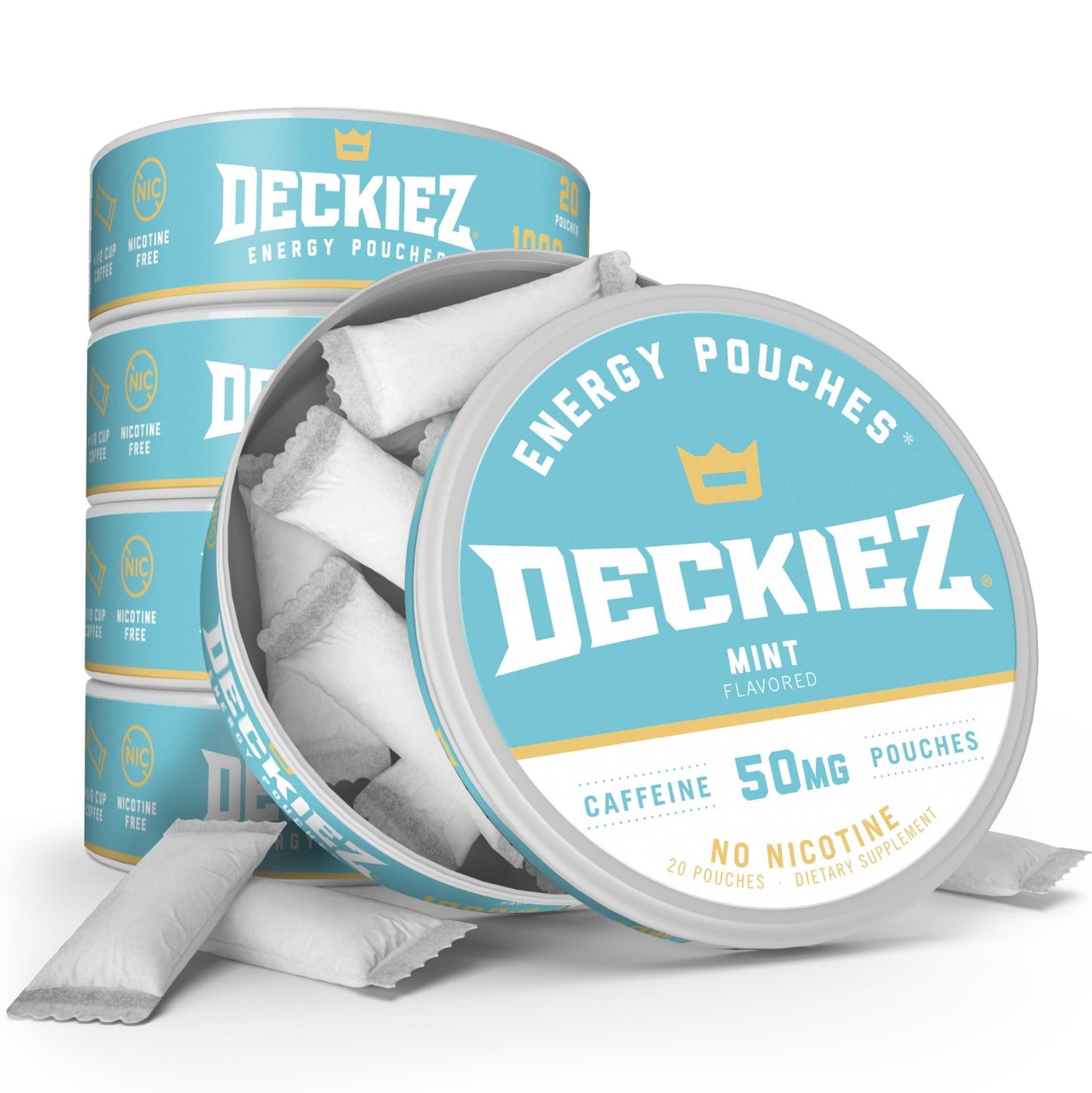 Deckiez Energy Pouches 5 Cans (100 Pouches) Sugar Free Energy Blend Dietary Support Coffee Pouches & Energy Drink Alternative 50Mg Energy Blend Pouches Mint Flavor