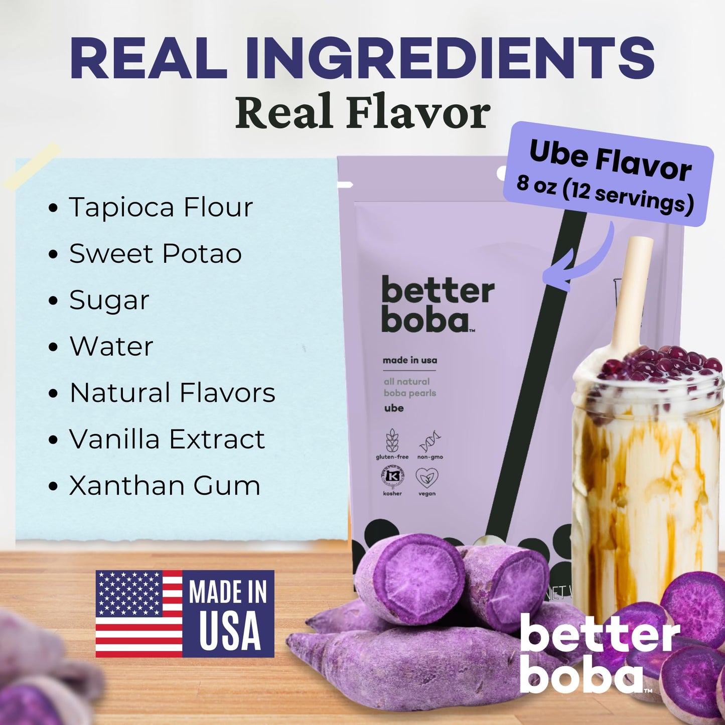Better Boba Ube Popping Boba Pearls 8 Oz | Kosher, Vegan, Gluten-Free, Non-GMO | Perfect for Bubble Tea & Desserts