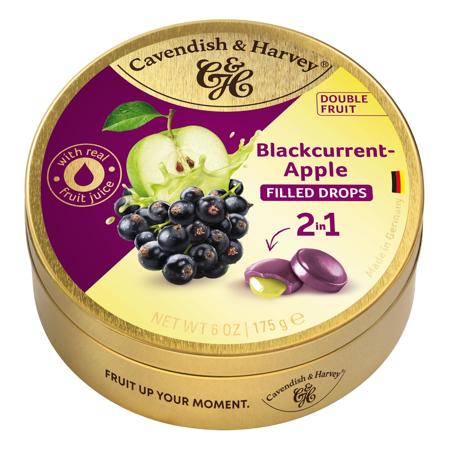Cavendish & Harvey | Double Fruit Drops - Blackcurrant With Apple Filling | 175G 6 Ounce Tin