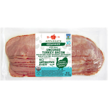 Applegate Organic Hickory Smoked Uncured Turkey Bacon, 8oz - All-Natural, Gluten-Free, 8 Ounce (Pack of 1)