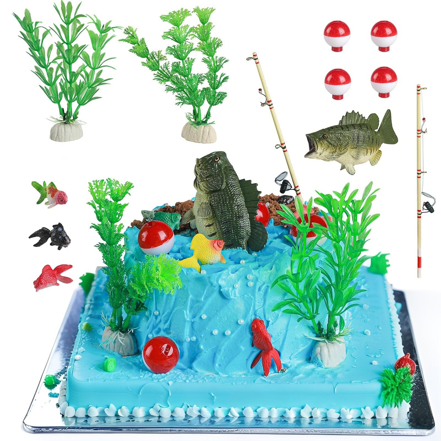 Catch Of The Day: Fishing Birthday Decorations | Fishing Cake Topper Set With Lifelike Fish Rod & Seaherbal Product | Gone Fishing Cake Topper For Fish-Themed Party Supplies
