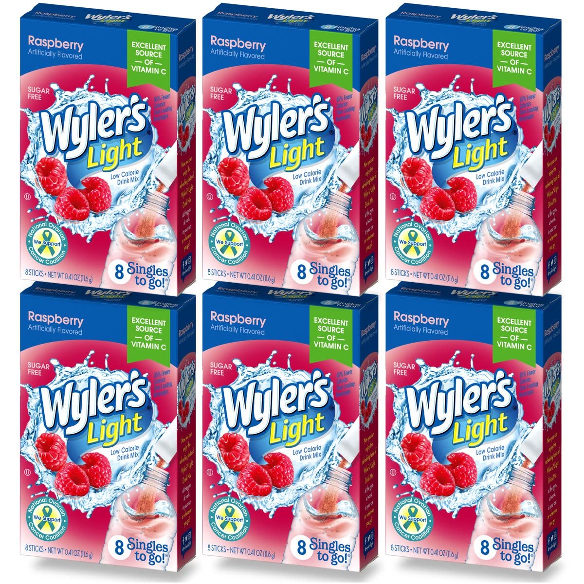 Wylers Light Singles To Go Drink Mix, Raspberry, 6 Pack (48 Drink Sticks Total)