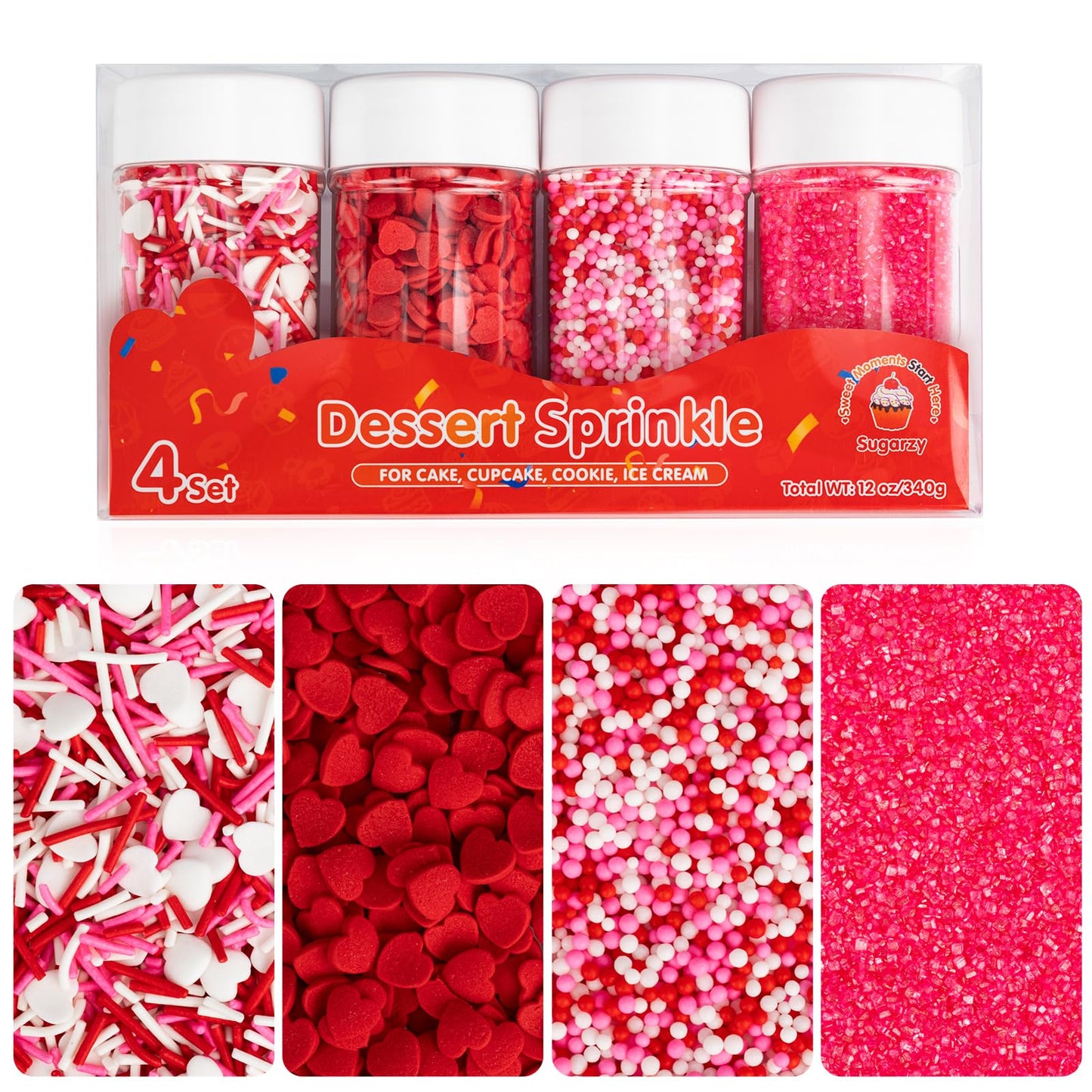 Valentine Red Heart Sprinkles,Edible Pink White Heart Shaped Sprinkle,Valentine Nonpareils,Sanding Sugar and Pearl for Decoratin