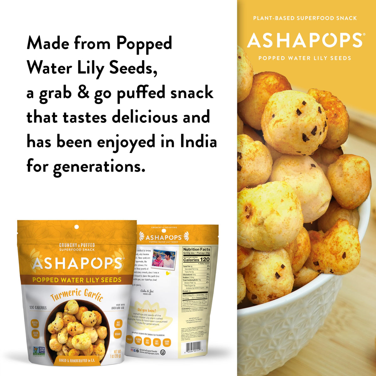 AshaPops Turmeric Garlic Flavored Popped Water Lily Seeds, 1 oz (Pack of 1) - Gluten-Free, Vegan, Paleo, Soy-Free, Non-GMO, Plan