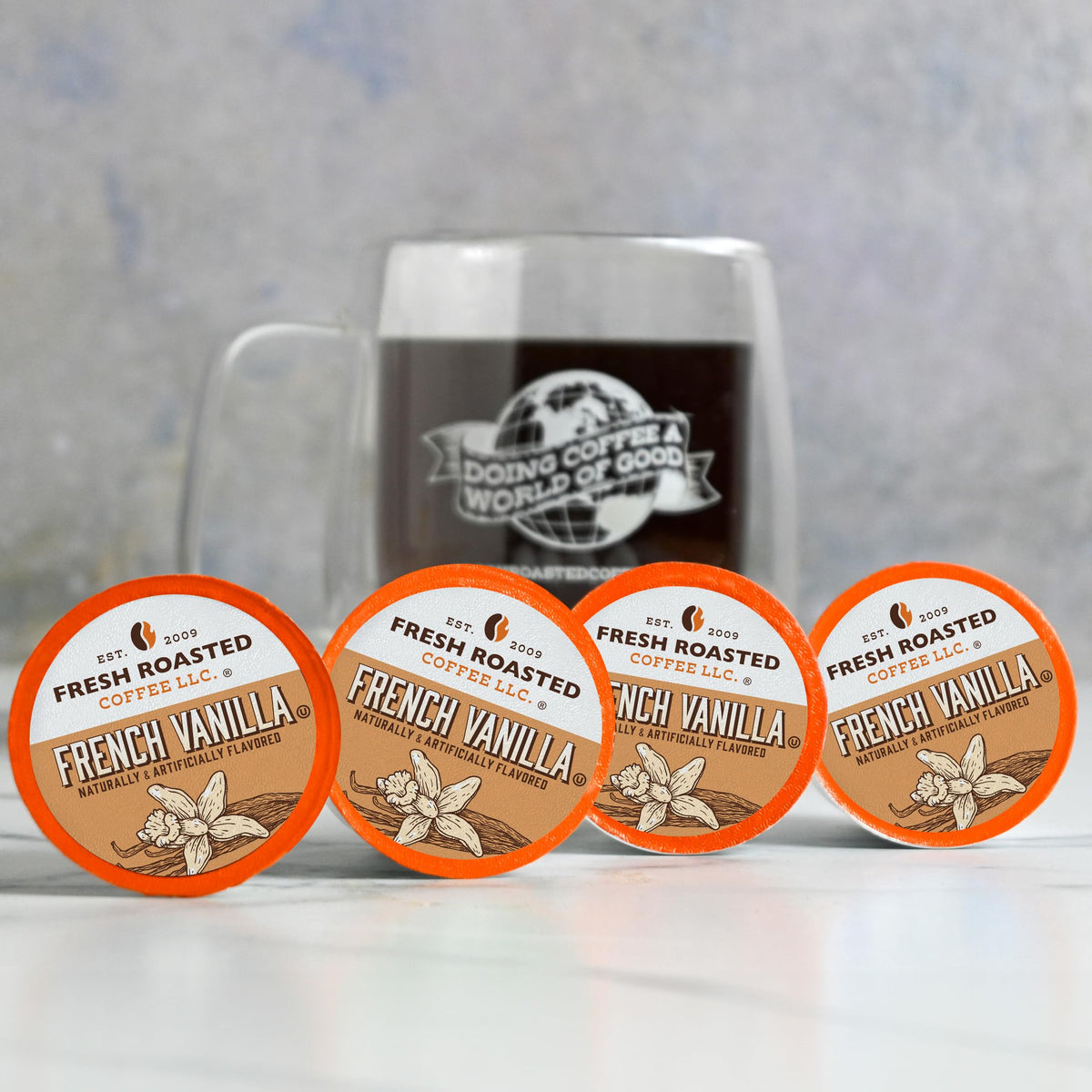 Fresh Roasted Coffee, French Vanilla, Flavored Coffee Pods, 24 Count
