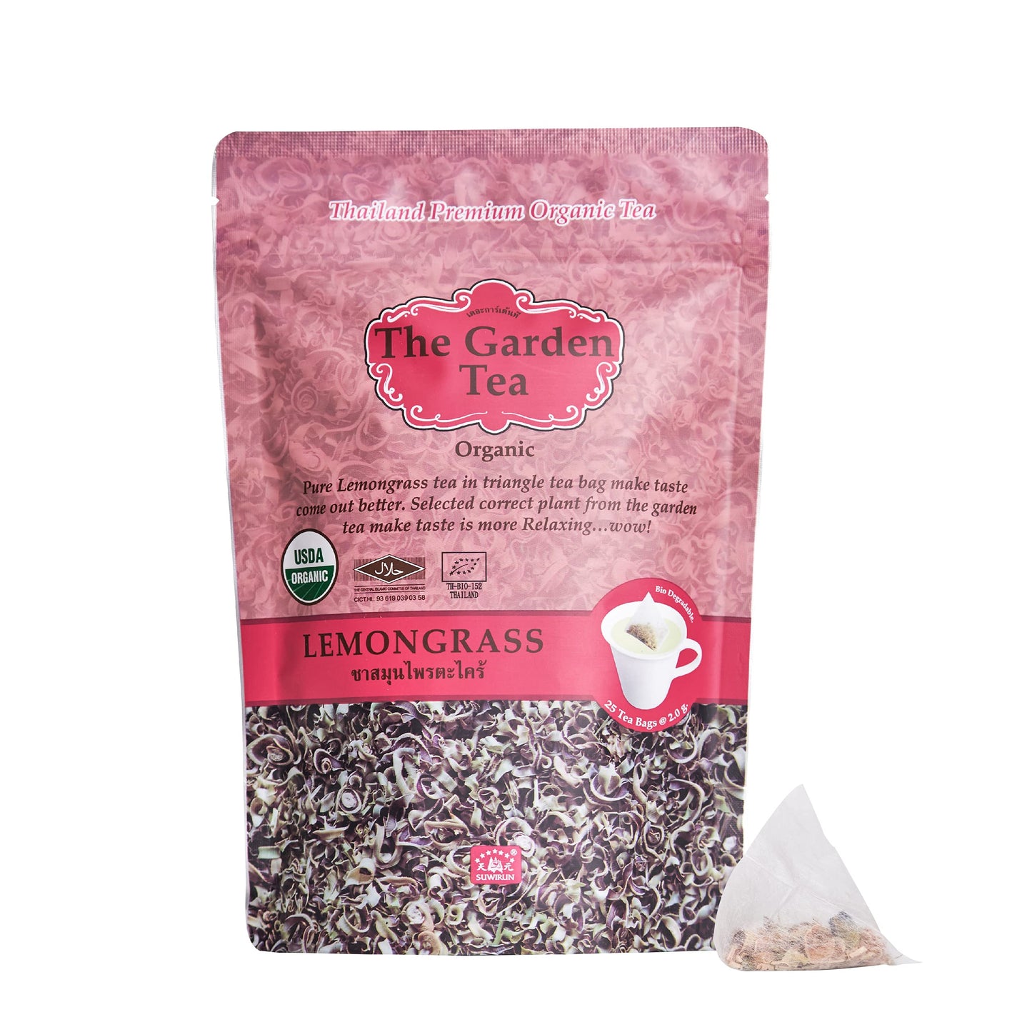 Suwirun Organic Lemongrass Tea 25 Bags - Product Of Thailand - Citrusy & Refreshing Herbal Tea Energy Blend-Free No Calories Soothes Throat & Aids Digestion Enjoy Hot Or Cold