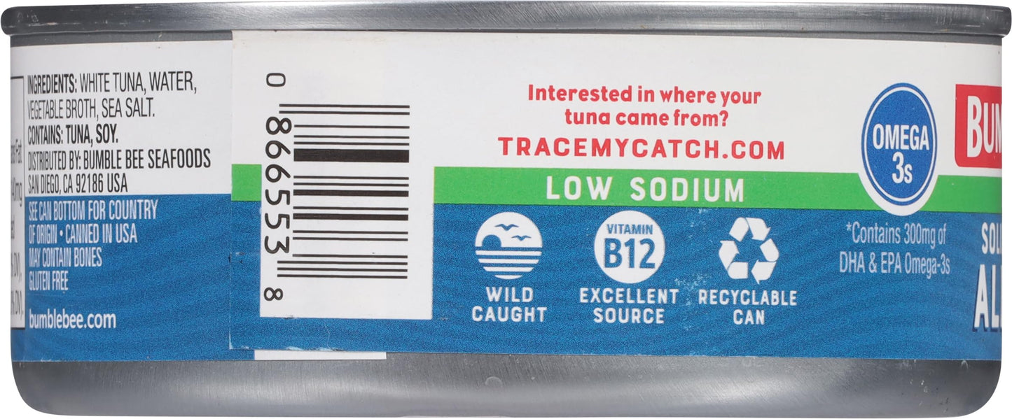 Bumble Bee Low Sodium Solid White Albacore Tuna In Water, 5 Oz Can (Pack Of 12) - Wild Caught Tuna - 29G Protein Per Serving, High In Omega-3S - Non-Gmo Project Verified, Gluten Free, Kosher
