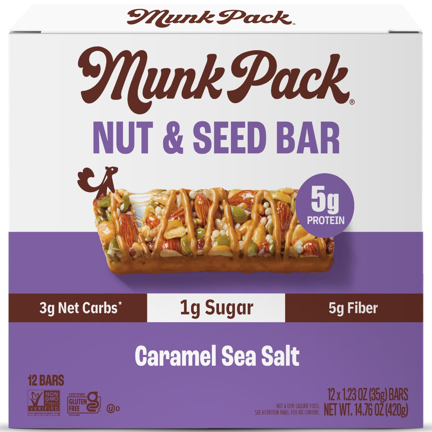 Munk Pack Nut & Seed Bar Caramel Sea Salt | 1G Sugar Low Carb & Keto 5G Protein | Gluten Free Plant Based Zero Added Sugar | Sweet & Salty Breakfast & Snack Bars | 12 Count