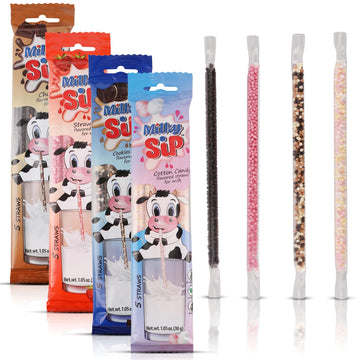 Milky Sip Magical Milk Straws - 4 Pack Bundle of Flavored Straws for Milk, Chocolate, Strawberry, Cotton Candy, Cookies & Cream,