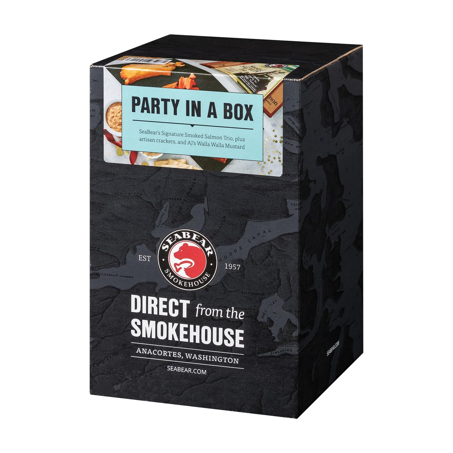 Seabear Smokehouse Party In A Box - Wild Caught Rich Flavor Salmon Gift Set With King Sockeye & Pink Salmon Mustard & Artisan Breakers
